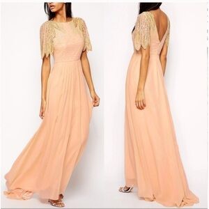 Elegant Peach Maxi Dress with Gold Accents